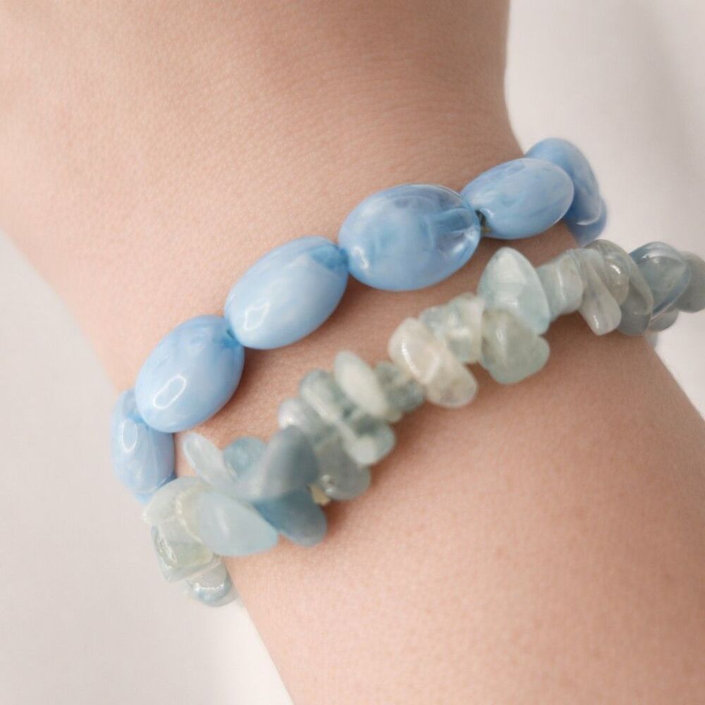 2 Sky Blue Beaded and Stacked Bead Bracelets